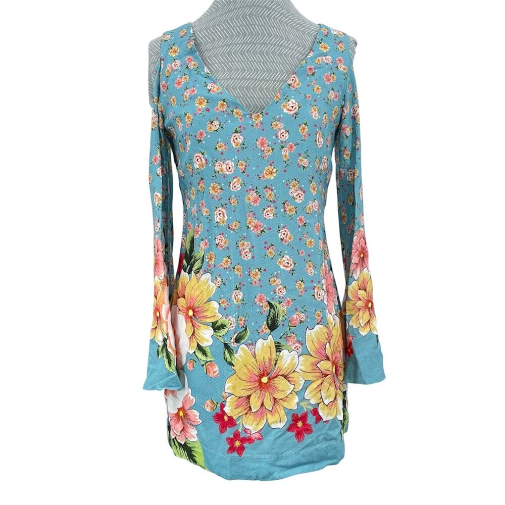 Farm Rio Light Blue Floral Summer Mini Dress Split Long Sleeve Open Back Size P